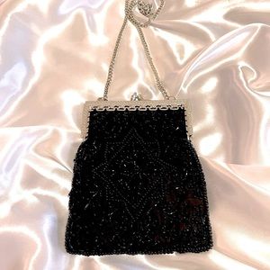 Vintage 1960’s Black Flapper Style Hand Micro Beaded Purse